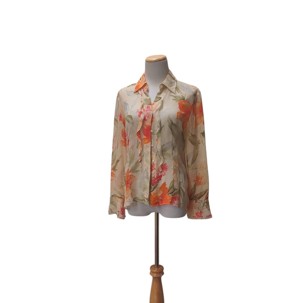 Silk Floral Sheer Blouse - Orange and Green